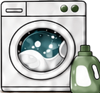 A front-load washing machine beside a bottle of detergent